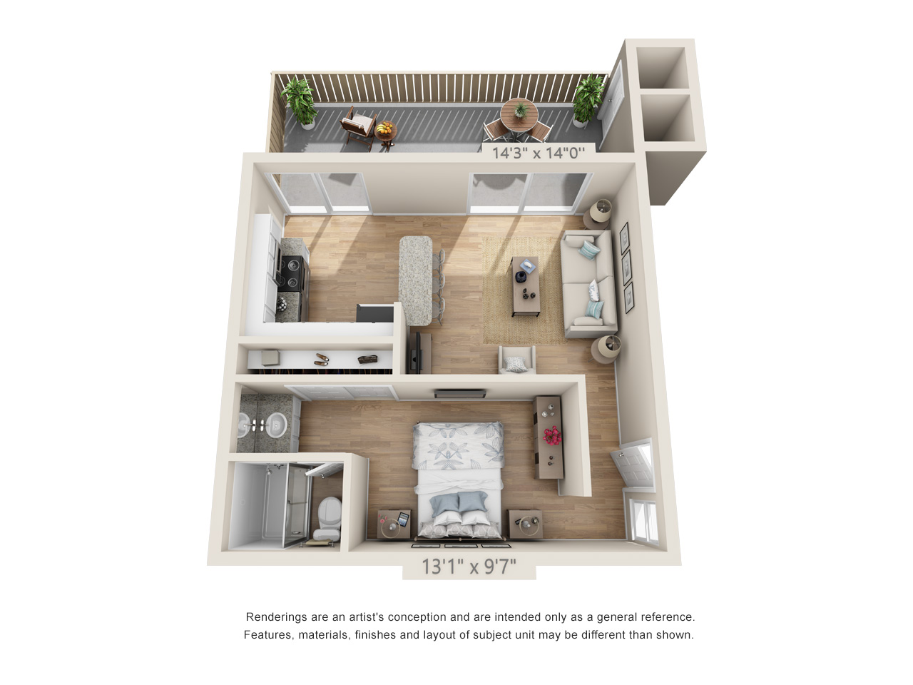 Floor plan for 1 bed, 1 bath, 600 sqft